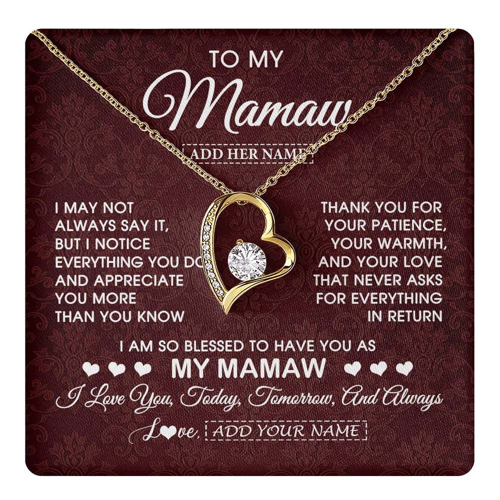 Forever Love Necklace 18K Yellow Gold Finish | 1 | Personalized To My Mamaw Gifts From Granddaughter Necklace Meaningful Jewelry Pendant Gifts For Mamaw Mothers Day Birthday Christmas Gift Box Message Card | https://teecentury.
