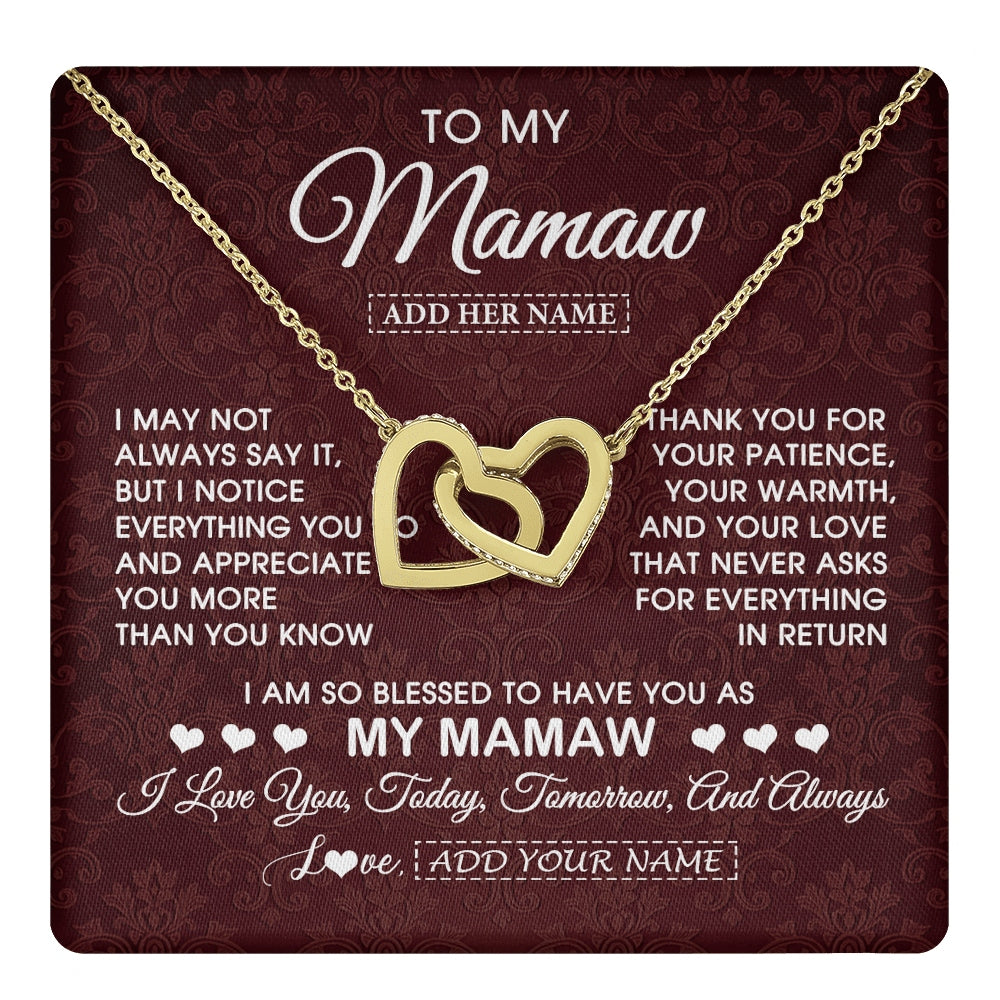 Interlocking Hearts Necklace 18K Yellow Gold Finish | 1 | Personalized To My Mamaw Gifts From Granddaughter Necklace Meaningful Jewelry Pendant Gifts For Mamaw Mothers Day Birthday Christmas Gift Box Message Card | https://teecentury.