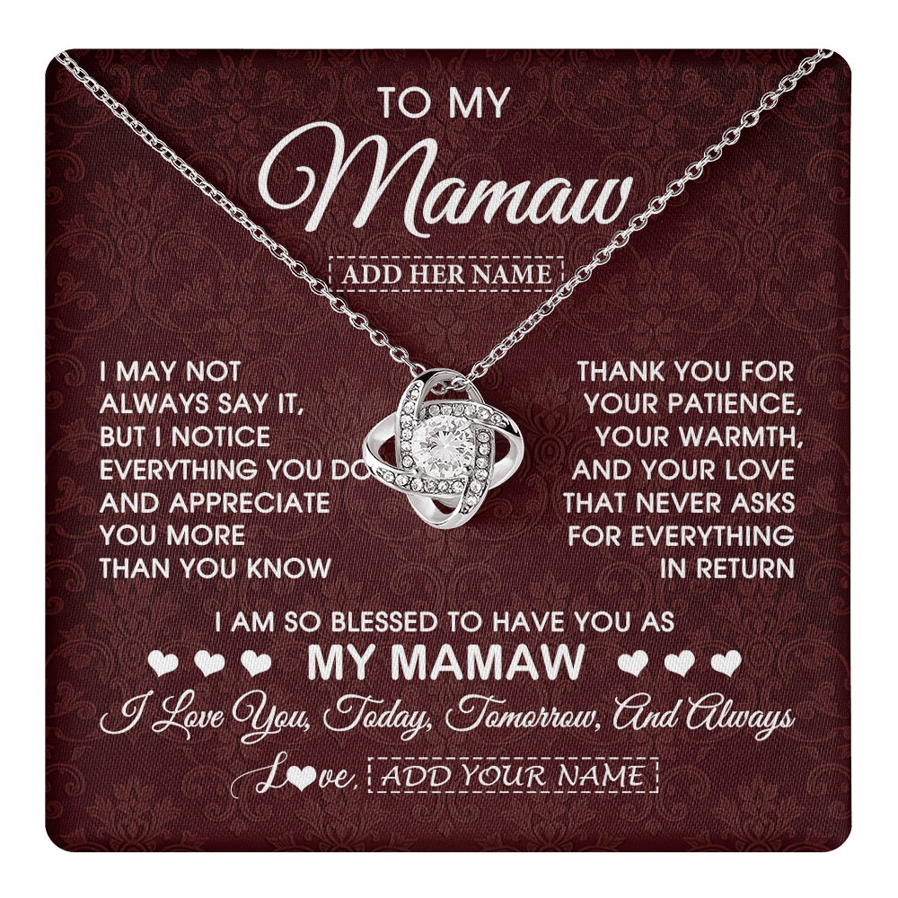 Love Knot Necklace 14K White Gold Finish | 1 | Personalized To My Mamaw Gifts From Granddaughter Necklace Meaningful Jewelry Pendant Gifts For Mamaw Mothers Day Birthday Christmas Gift Box Message Card | https://teecentury.