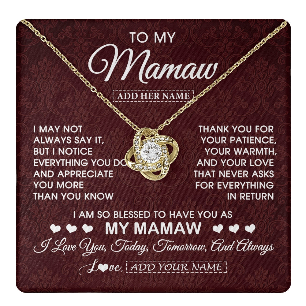 Love Knot Necklace 18K Yellow Gold Finish | 1 | Personalized To My Mamaw Gifts From Granddaughter Necklace Meaningful Jewelry Pendant Gifts For Mamaw Mothers Day Birthday Christmas Gift Box Message Card | https://teecentury.