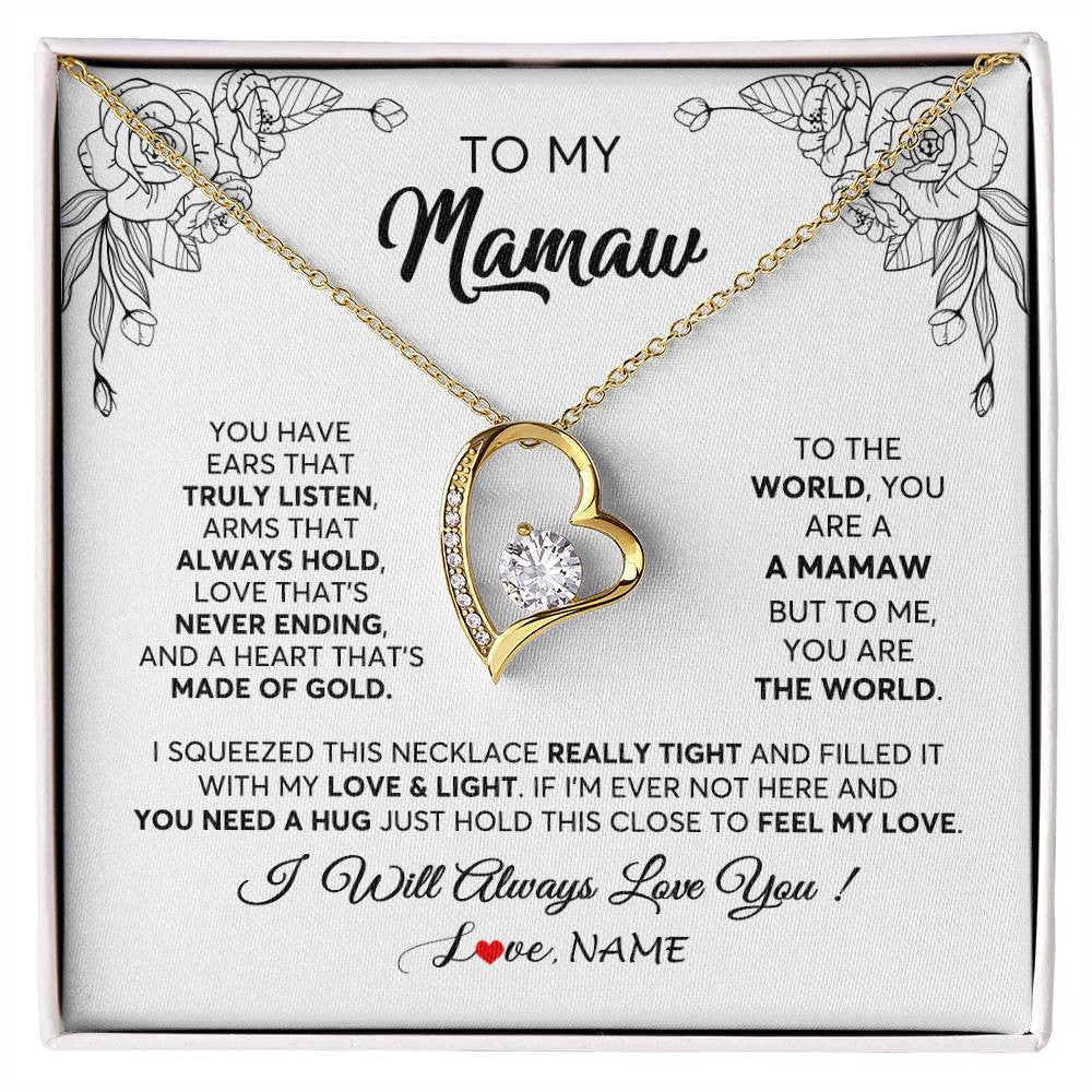 Forever Love Necklace 18K Yellow Gold Finish | 1 | Personalized To My Mamaw Necklace From Grandkids Granddaughter Hold This Close Feel My Love Mamaw Birthday Mothers Day Jewelry Customized Gift Box Message Card | teecentury