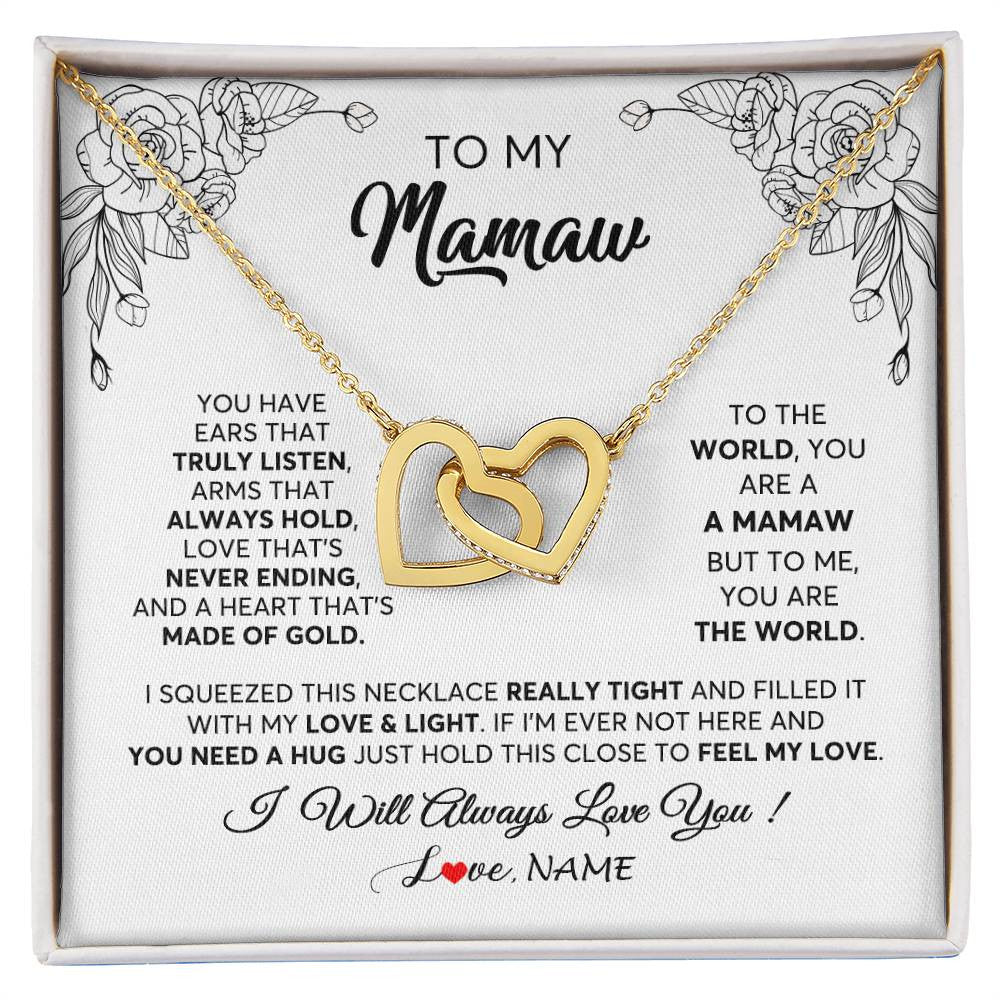 Interlocking Hearts Necklace 18K Yellow Gold Finish | 1 | Personalized To My Mamaw Necklace From Grandkids Granddaughter Hold This Close Feel My Love Mamaw Birthday Mothers Day Jewelry Customized Gift Box Message Card | teecentury
