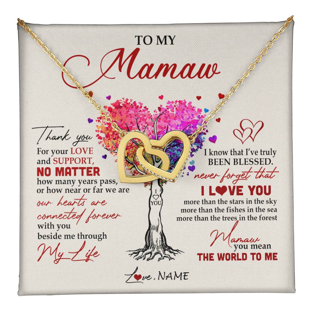 Interlocking Hearts Necklace 18K Yellow Gold Finish | 1 | Personalized To My Mamaw Necklace From Grandkids Never Forget That I Love You You Mean The World Mamaw Birthday Mothers Day Jewelry Customized Gift Box Message Card | teecentury