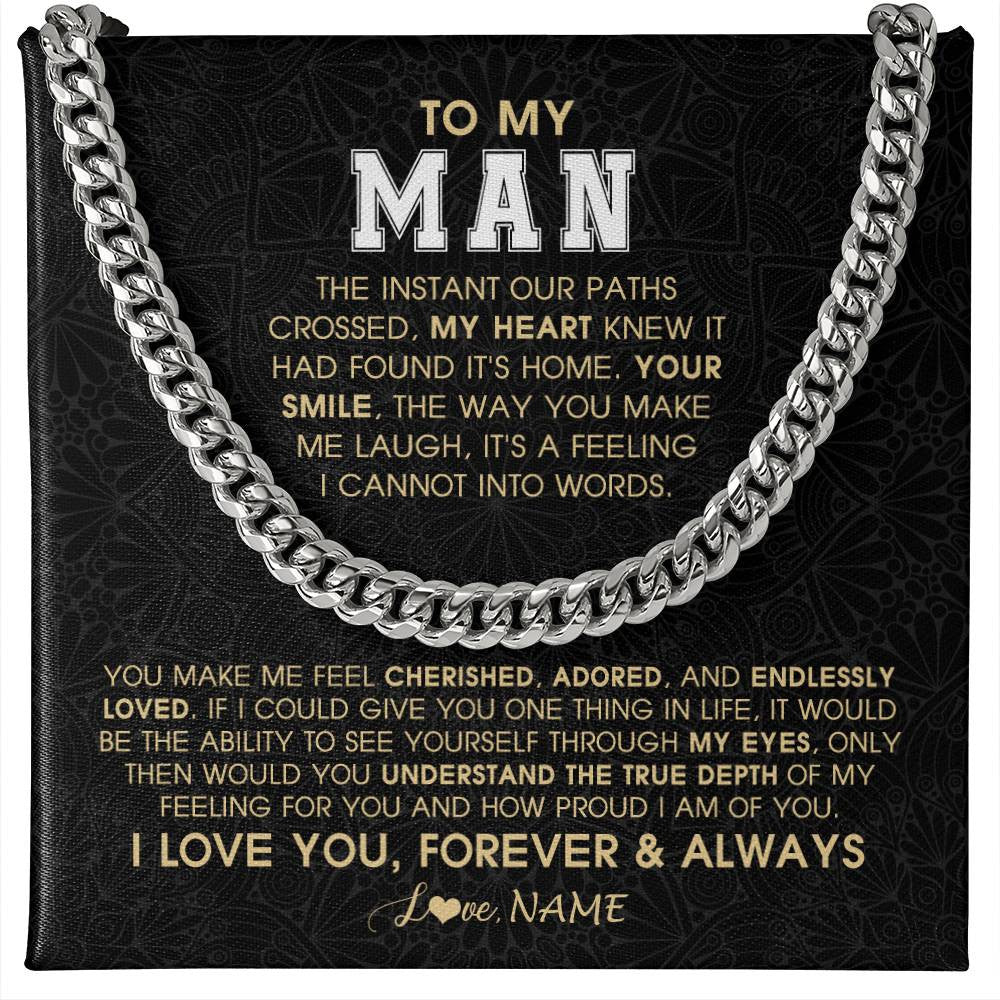 Cuban Link Chain Necklace Stainless Steel | 1 | Personalized To My Man Necklace The Instant Our Paths Crossed Boyfriend Fiancé Husband Valentines Day Birthday Christmas Customized Gift Box Message Card | teecentury