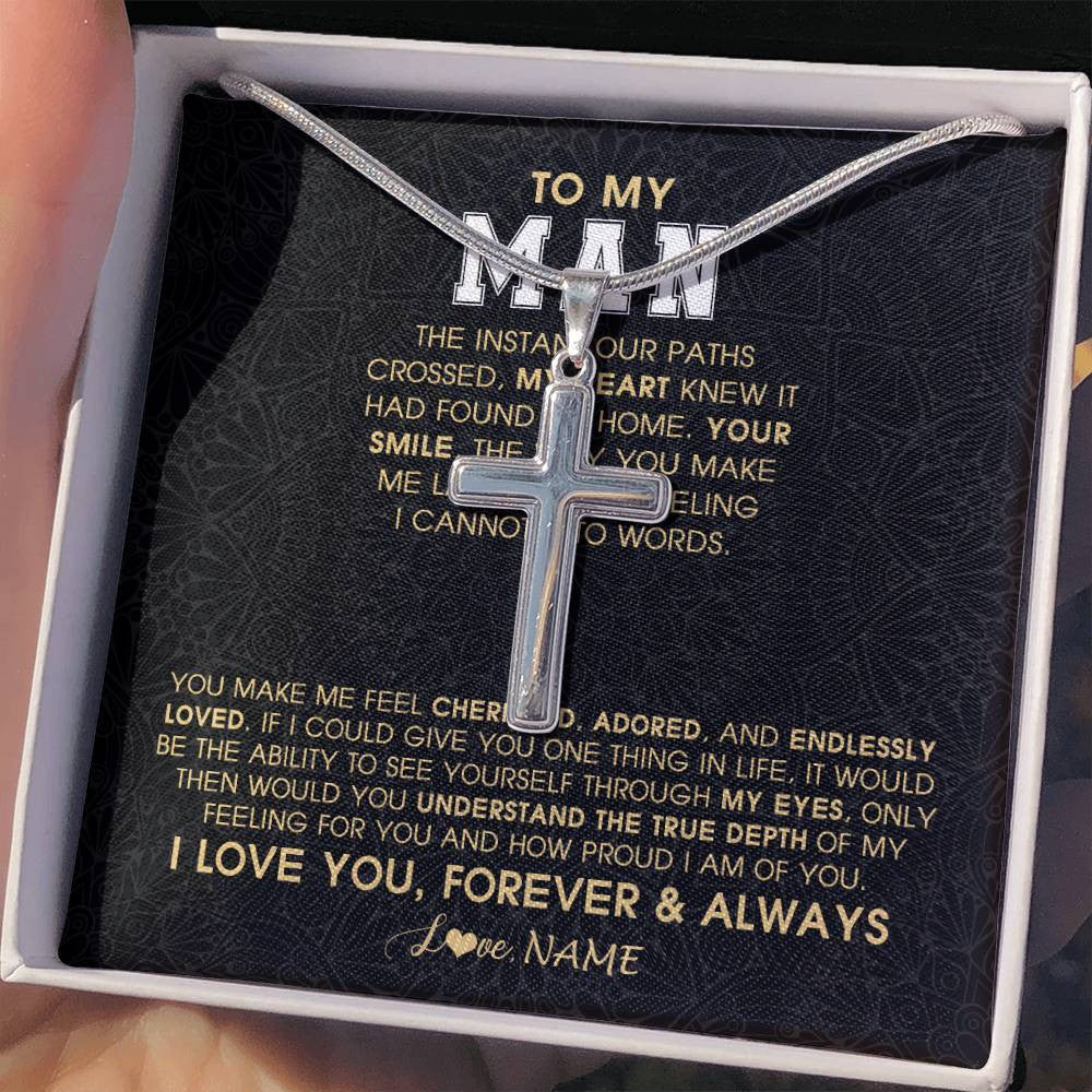 Stainless Cross Necklace Stainless Steel | 2 | Personalized To My Man Necklace The Instant Our Paths Crossed Boyfriend Fiancé Husband Valentines Day Birthday Christmas Customized Gift Box Message Card | teecentury