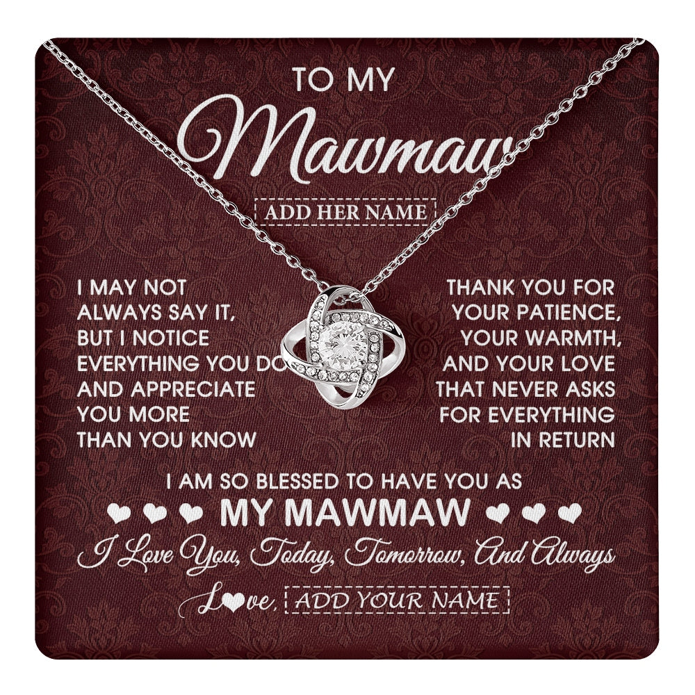 Love Knot Necklace 14K White Gold Finish | 1 | Personalized To My Mawmaw Gifts From Granddaughter Necklace Meaningful Jewelry Pendant Gifts For Mawmaw Mothers Day Birthday Christmas Gift Box Message Card | https://teecentury.