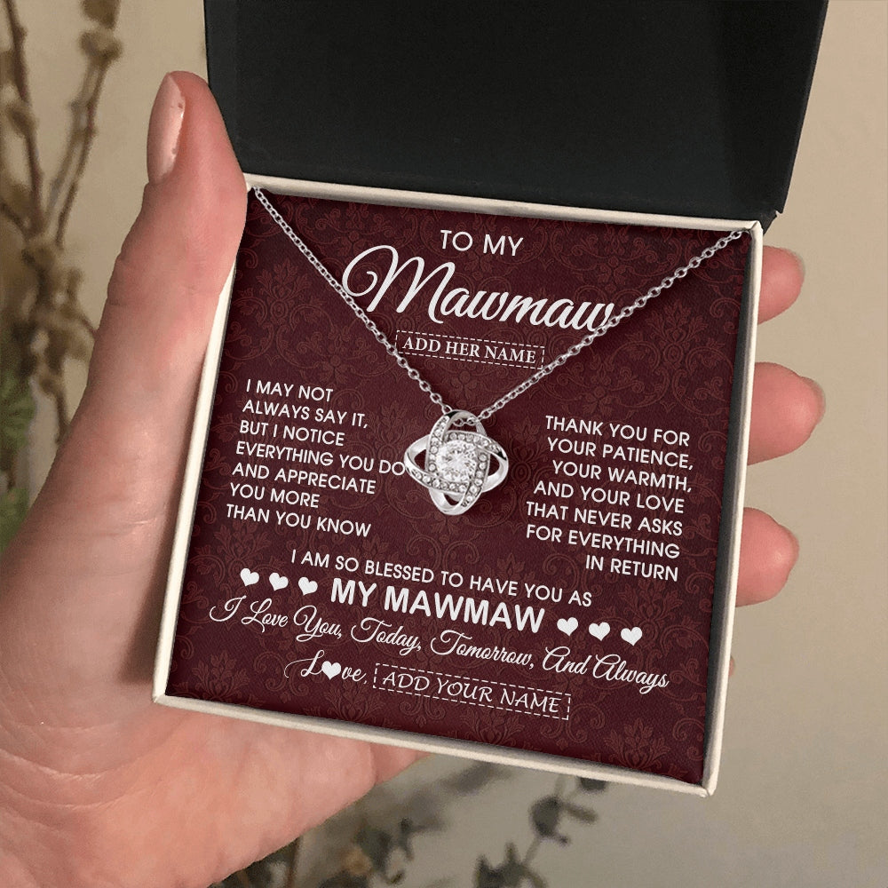 Love Knot Necklace 14K White Gold Finish | 2 | Personalized To My Mawmaw Gifts From Granddaughter Necklace Meaningful Jewelry Pendant Gifts For Mawmaw Mothers Day Birthday Christmas Gift Box Message Card | https://teecentury.