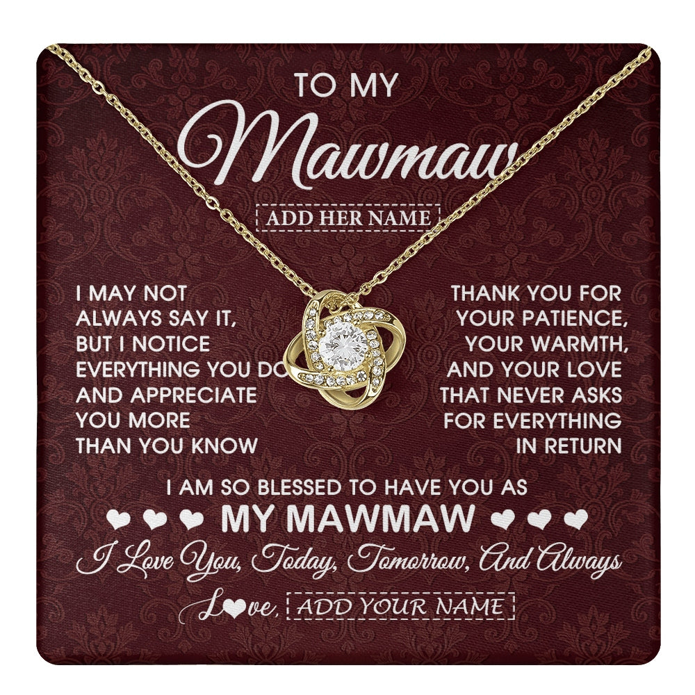 Love Knot Necklace 18K Yellow Gold Finish | 1 | Personalized To My Mawmaw Gifts From Granddaughter Necklace Meaningful Jewelry Pendant Gifts For Mawmaw Mothers Day Birthday Christmas Gift Box Message Card | https://teecentury.