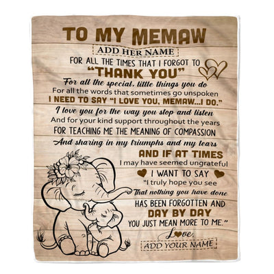 Personalized To My Memaw Gift Blanket From Granddaughter Grandson Elephant Thank You Best Memaw Birthday Gifts Mothers Day Christmas Custom Name Fleece Blanket | teecentury