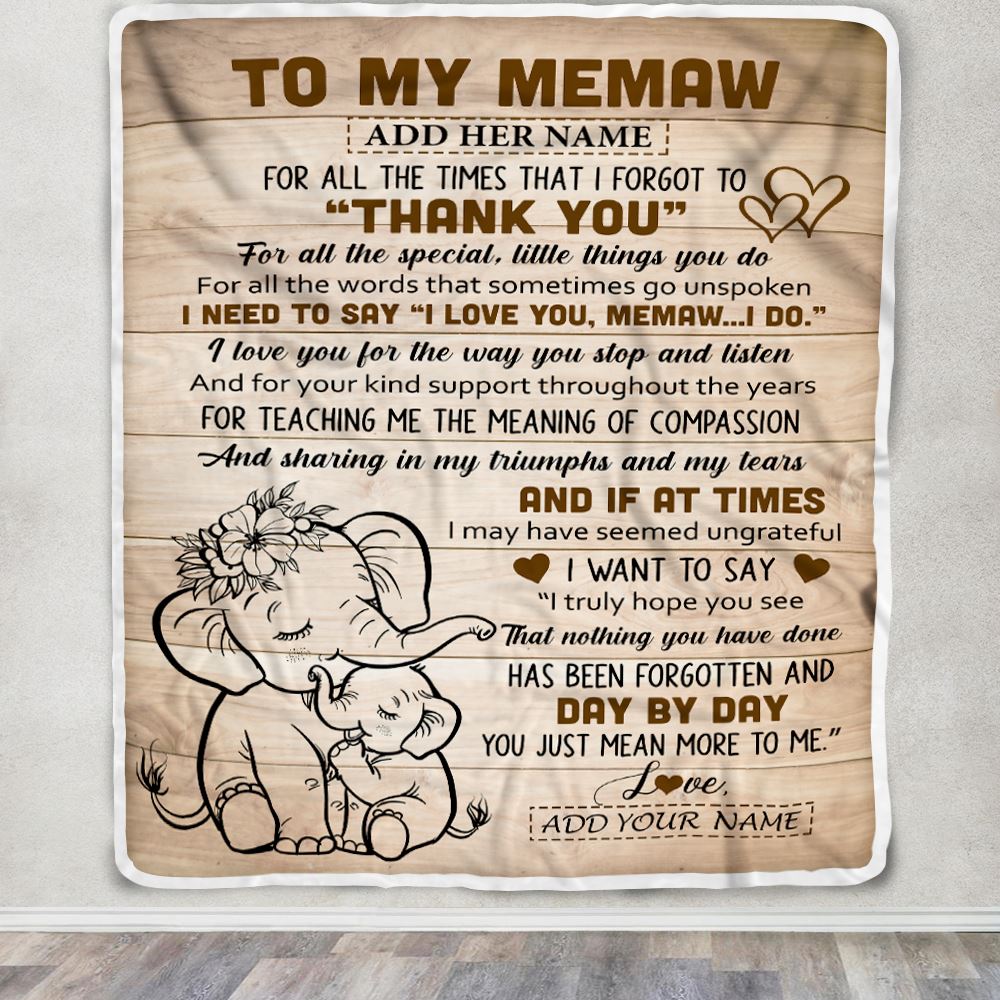 Personalized To My Memaw Gift Blanket From Granddaughter Grandson Elephant Thank You Best Memaw Birthday Gifts Mothers Day Christmas Custom Name Fleece Blanket | teecentury