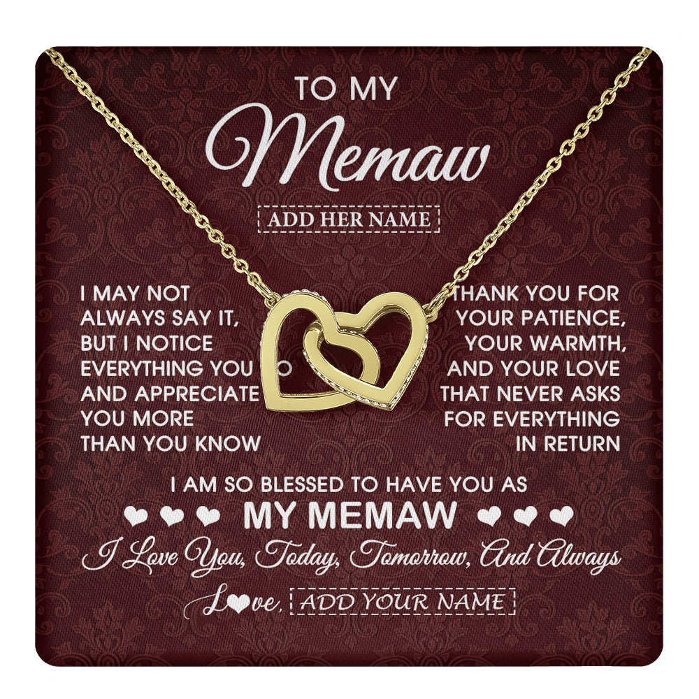 Interlocking Hearts Necklace 18K Yellow Gold Finish | 1 | Personalized To My Memaw Gifts From Granddaughter Necklace Meaningful Jewelry Pendant Gifts For Memaw Mothers Day Birthday Christmas Gift Box Message Card | https://teecentury.