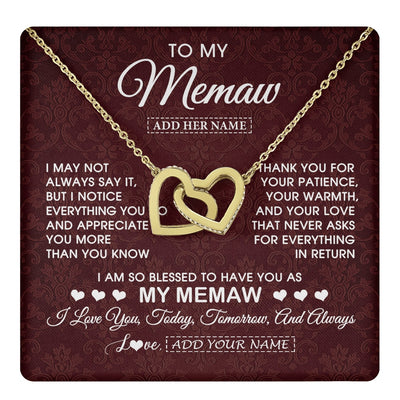 Interlocking Hearts Necklace 18K Yellow Gold Finish | 1 | Personalized To My Memaw Gifts From Granddaughter Necklace Meaningful Jewelry Pendant Gifts For Memaw Mothers Day Birthday Christmas Gift Box Message Card | https://teecentury.