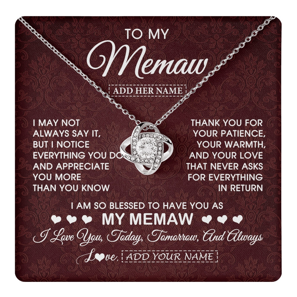 Love Knot Necklace 14K White Gold Finish | 1 | Personalized To My Memaw Gifts From Granddaughter Necklace Meaningful Jewelry Pendant Gifts For Memaw Mothers Day Birthday Christmas Gift Box Message Card | https://teecentury.