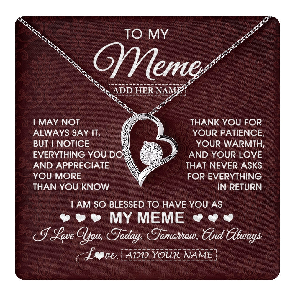 Forever Love Necklace 14K White Gold Finish | 1 | Personalized To My Meme Gifts From Granddaughter Necklace Meaningful Jewelry Pendant Gifts For Meme Mothers Day Birthday Christmas Custom Gift Box Message Card | https://teecentury.