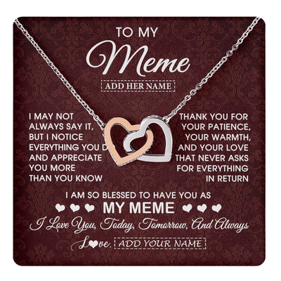 Interlocking Hearts Necklace Stainless Steel & Rose Gold Finish | 1 | Personalized To My Meme Gifts From Granddaughter Necklace Meaningful Jewelry Pendant Gifts For Meme Mothers Day Birthday Christmas Custom Gift Box Message Card | https://teecentury.
