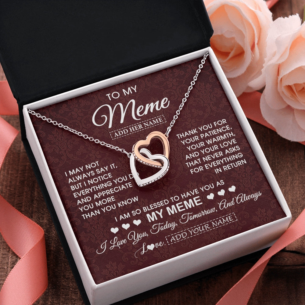 Interlocking Hearts Necklace Stainless Steel & Rose Gold Finish | 2 | Personalized To My Meme Gifts From Granddaughter Necklace Meaningful Jewelry Pendant Gifts For Meme Mothers Day Birthday Christmas Custom Gift Box Message Card | https://teecentury.