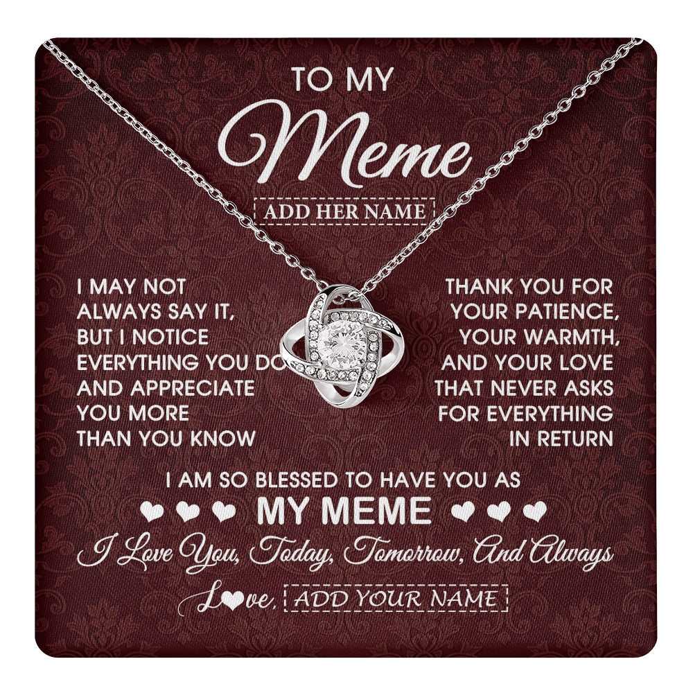 Love Knot Necklace 14K White Gold Finish | 1 | Personalized To My Meme Gifts From Granddaughter Necklace Meaningful Jewelry Pendant Gifts For Meme Mothers Day Birthday Christmas Custom Gift Box Message Card | https://teecentury.