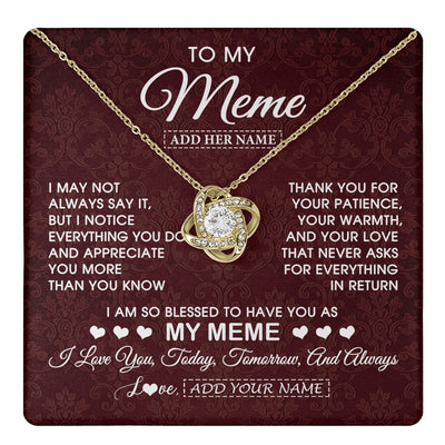 Love Knot Necklace 18K Yellow Gold Finish | 1 | Personalized To My Meme Gifts From Granddaughter Necklace Meaningful Jewelry Pendant Gifts For Meme Mothers Day Birthday Christmas Custom Gift Box Message Card | https://teecentury.