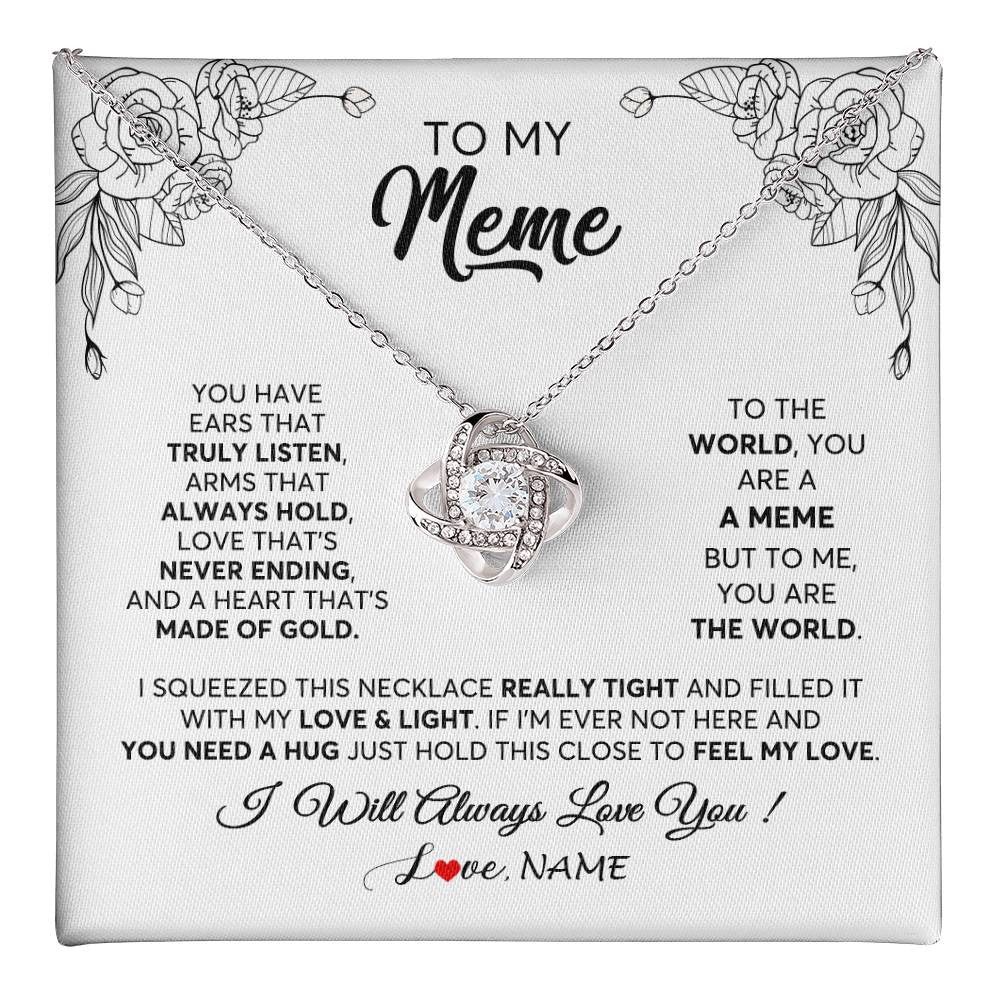 Love Knot Necklace 14K White Gold Finish | 1 | Personalized To My Meme Necklace From Grandkids Granddaughter Hold This Close Feel My Love Meme Birthday Mothers Day Christmas Customized Gift Box Message Card | teecentury