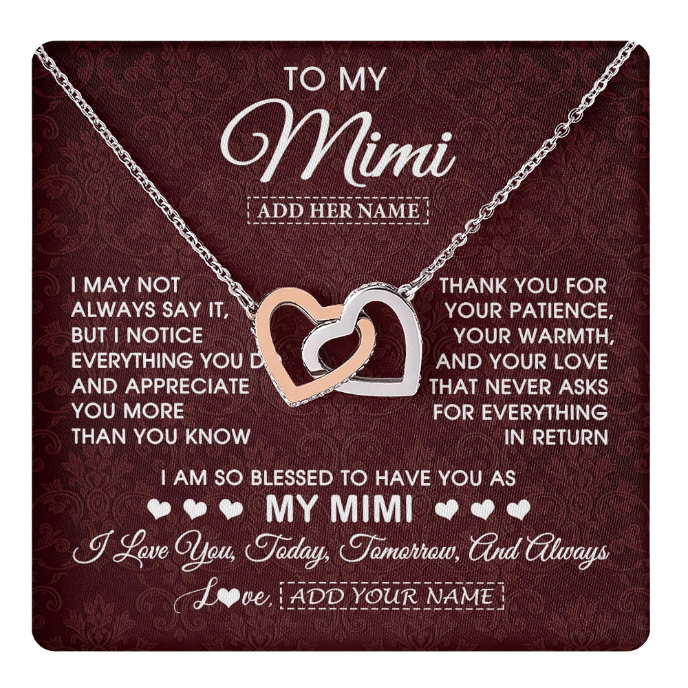 Interlocking Hearts Necklace Stainless Steel & Rose Gold Finish | 1 | Personalized To My Mimi Gifts From Granddaughter Necklace Meaningful Jewelry Pendant Gifts For Mimi Mothers Day Birthday Christmas Custom Gift Box Message Card | https://teecentury.