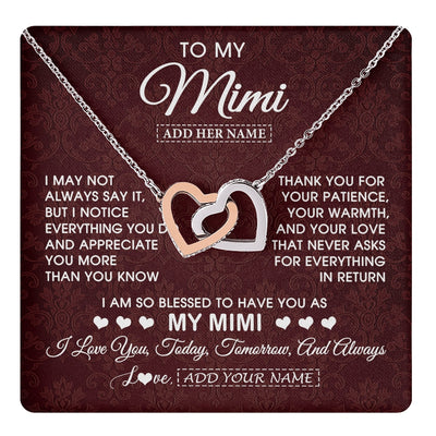 Interlocking Hearts Necklace Stainless Steel & Rose Gold Finish | 1 | Personalized To My Mimi Gifts From Granddaughter Necklace Meaningful Jewelry Pendant Gifts For Mimi Mothers Day Birthday Christmas Custom Gift Box Message Card | https://teecentury.