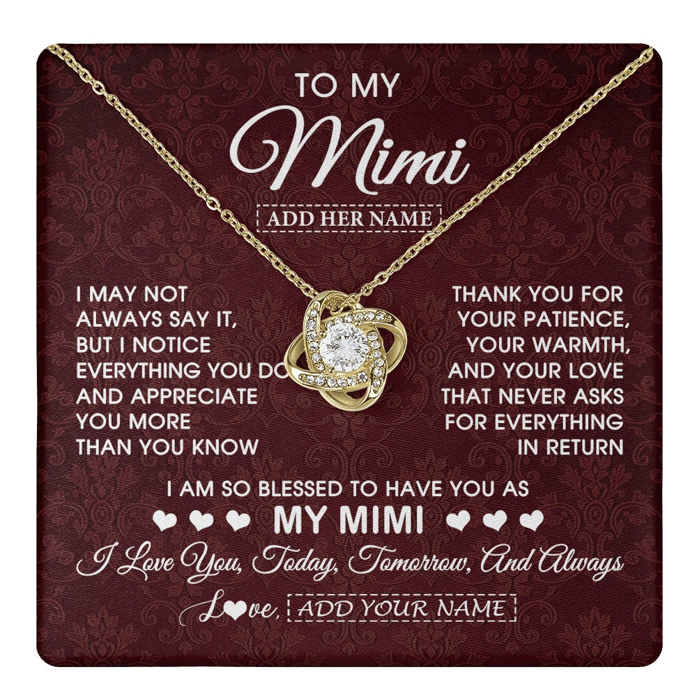 Love Knot Necklace 18K Yellow Gold Finish | 1 | Personalized To My Mimi Gifts From Granddaughter Necklace Meaningful Jewelry Pendant Gifts For Mimi Mothers Day Birthday Christmas Custom Gift Box Message Card | https://teecentury.