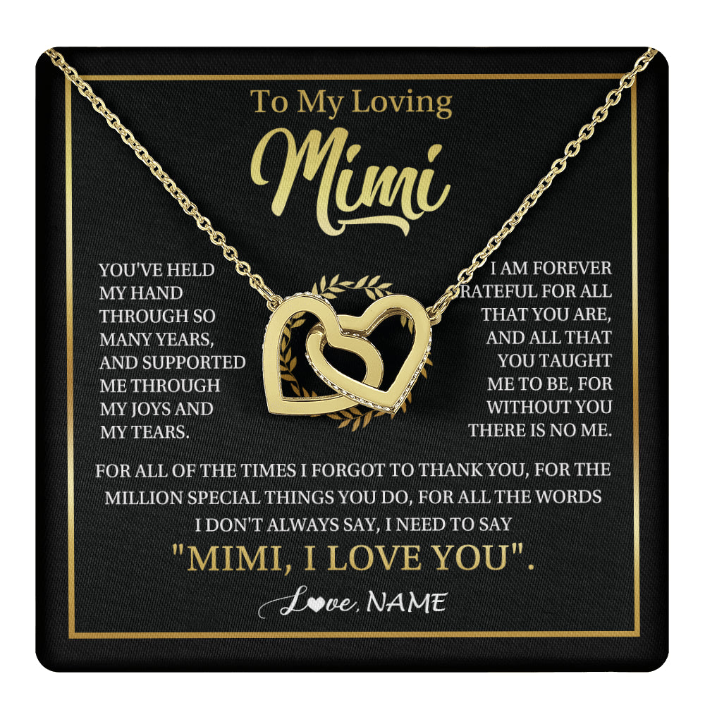 Interlocking Hearts Necklace 18K Yellow Gold Finish | 1 | Personalized To My Mimi Gifts Necklace From Granddaughter Grandson Grateful Thank You Mimi Birthday Mothers Day Christmas Customized Gift Box Message Card | teecentury