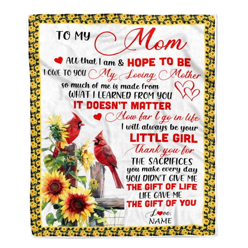 Personalized To My Mom Blanket From Daughter Little Girl Red Bird Cardinal Sunflower My Loving Mothers Day Birthday Christmas Customized Fleece Throw Blanket | teecentury