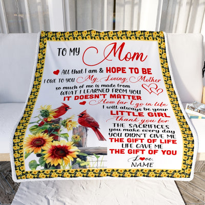 Personalized To My Mom Blanket From Daughter Little Girl Red Bird Cardinal Sunflower My Loving Mothers Day Birthday Christmas Customized Fleece Throw Blanket | teecentury