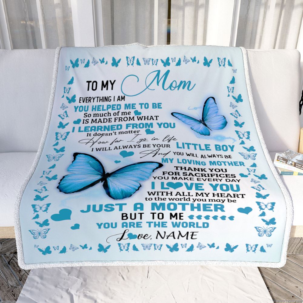 Personalized To My Mom Blanket From Son Butterfly Everything I Am You Helped Me To Be Birthday Gifts Mom Mothers Day Christmas Customized Fleece Throw Blanket | teecentury
