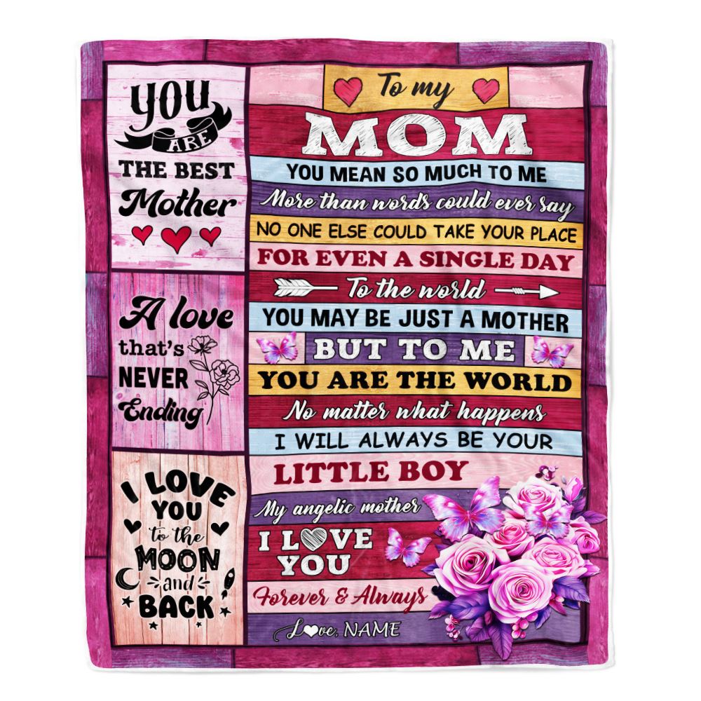 Personalized To My Mom Blanket From Son Wood Butterfly Love My Angelic Mother Birthday Mothers Day Thanksgiving Christmas Customized Gift Fleece Blanket | teecentury