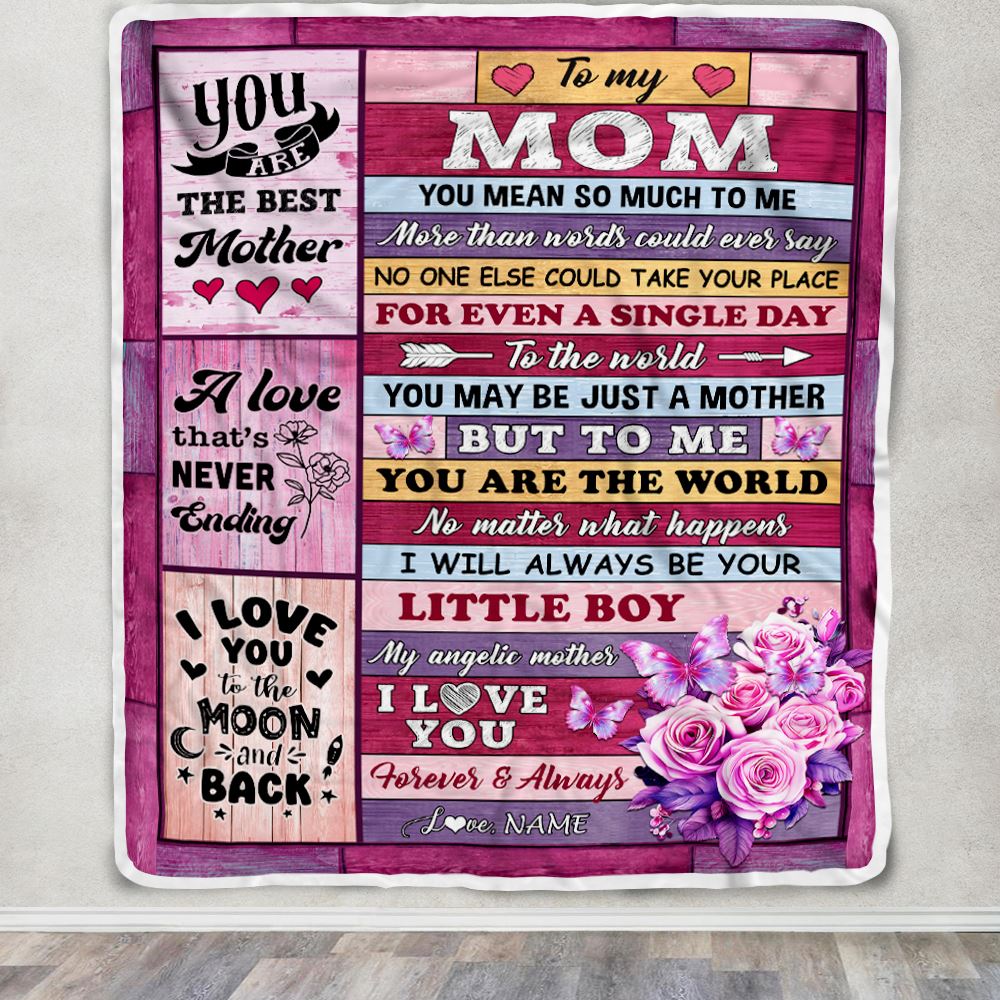 Personalized To My Mom Blanket From Son Wood Butterfly Love My Angelic Mother Birthday Mothers Day Thanksgiving Christmas Customized Gift Fleece Blanket | teecentury