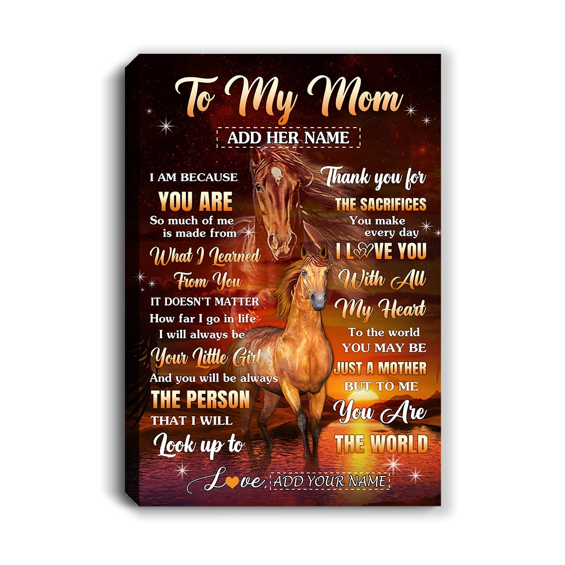 Personalized To My Mom Canvas From Daughter Thank You For The Sacrifices Horse Mom Birthday Mothers Day Thanksgiving Christmas Custom Wall Art Framed Canvas | teecentury