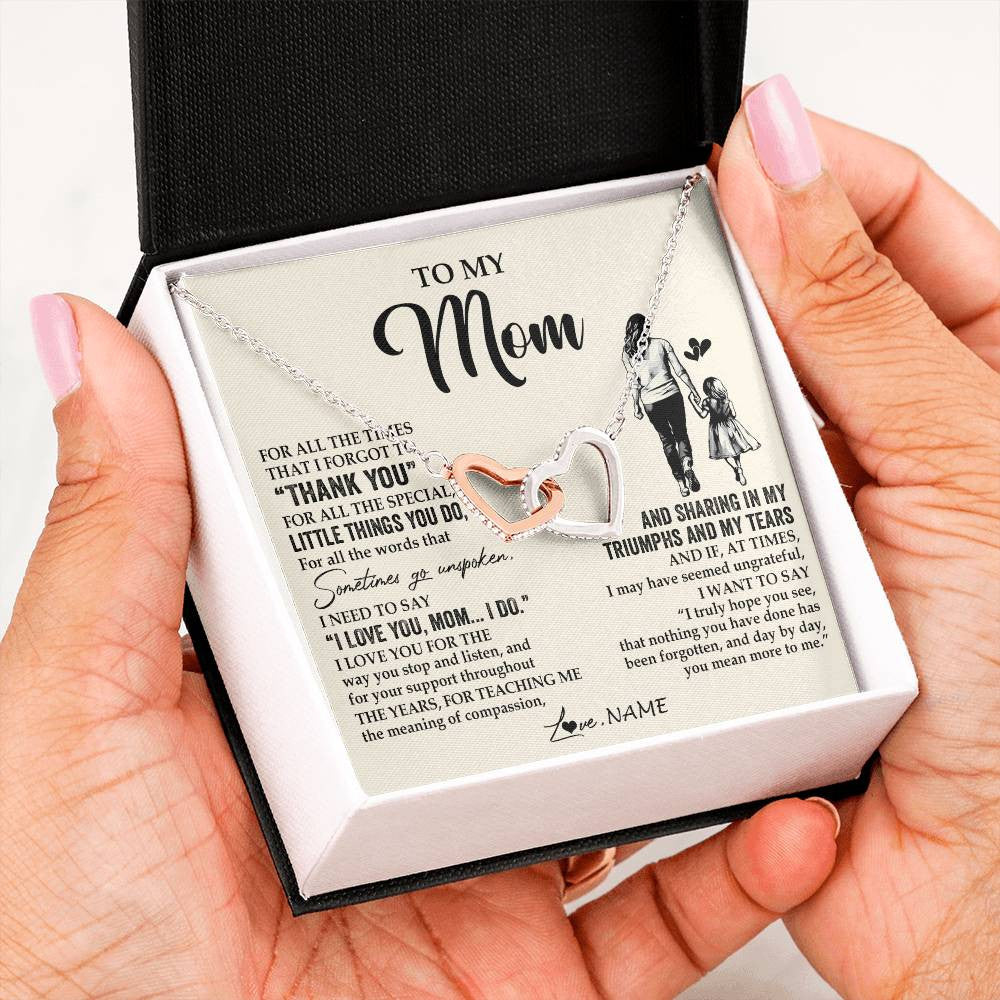 Interlocking Hearts Necklace Stainless Steel & Rose Gold Finish | 2 | Personalized To My Mom Necklace From Daughter For All The Times That I Forgot To Thank You Mom Birthday Mothers Day Christmas Customized Gift Box Message Card | teecentury