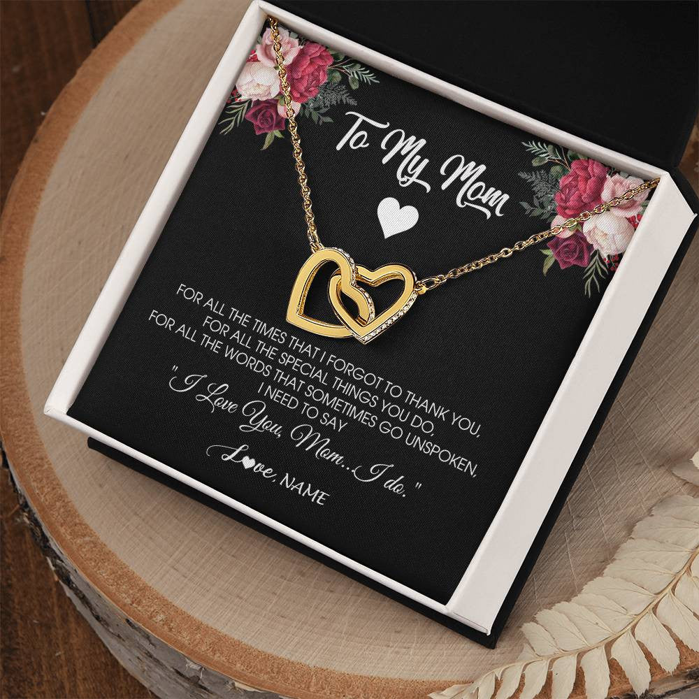 Interlocking Hearts Necklace 18K Yellow Gold Finish | Personalized To My Mom Necklace From Daughter Son I Need To Say I Love You Mom Jewelry Birthday Mothers Day Christmas Customized Message Card | teecentury