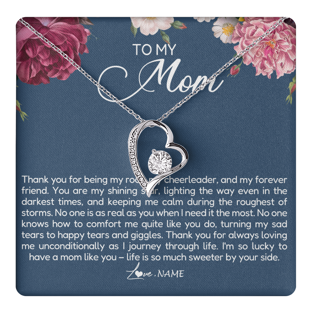 Forever Love Necklace 14K White Gold Finish | 1 | Personalized To My Mom Necklace From Daughter Thank You For Being My Rock Mom Birthday Mothers Day Christmas Pendant Jewelry Customized Gift Box Message Card | teecentury