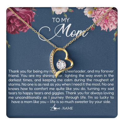 Forever Love Necklace 18K Yellow Gold Finish | 1 | Personalized To My Mom Necklace From Daughter Thank You For Being My Rock Mom Birthday Mothers Day Christmas Pendant Jewelry Customized Gift Box Message Card | teecentury