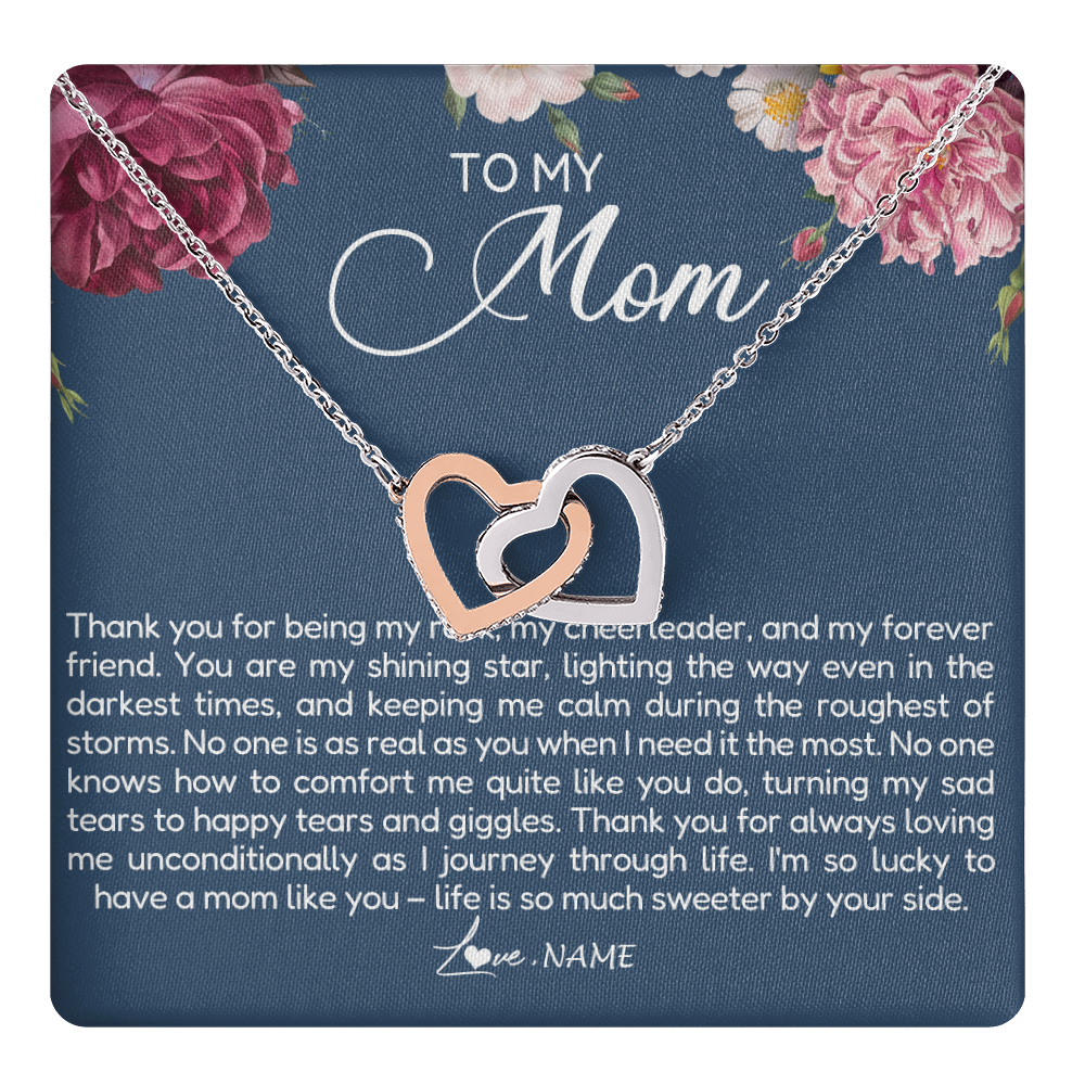 Interlocking Hearts Necklace Stainless Steel & Rose Gold Finish | 1 | Personalized To My Mom Necklace From Daughter Thank You For Being My Rock Mom Birthday Mothers Day Christmas Pendant Jewelry Customized Gift Box Message Card | teecentury