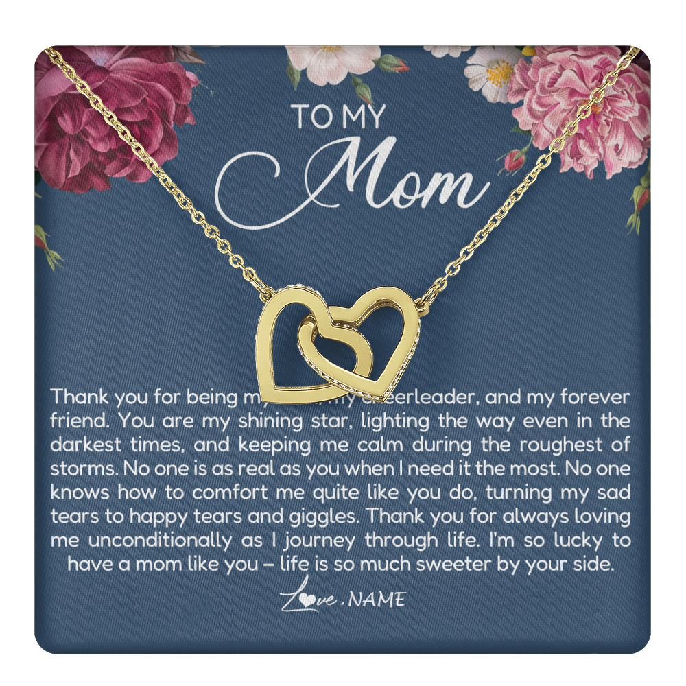 Interlocking Hearts Necklace 18K Yellow Gold Finish | 1 | Personalized To My Mom Necklace From Daughter Thank You For Being My Rock Mom Birthday Mothers Day Christmas Pendant Jewelry Customized Gift Box Message Card | teecentury