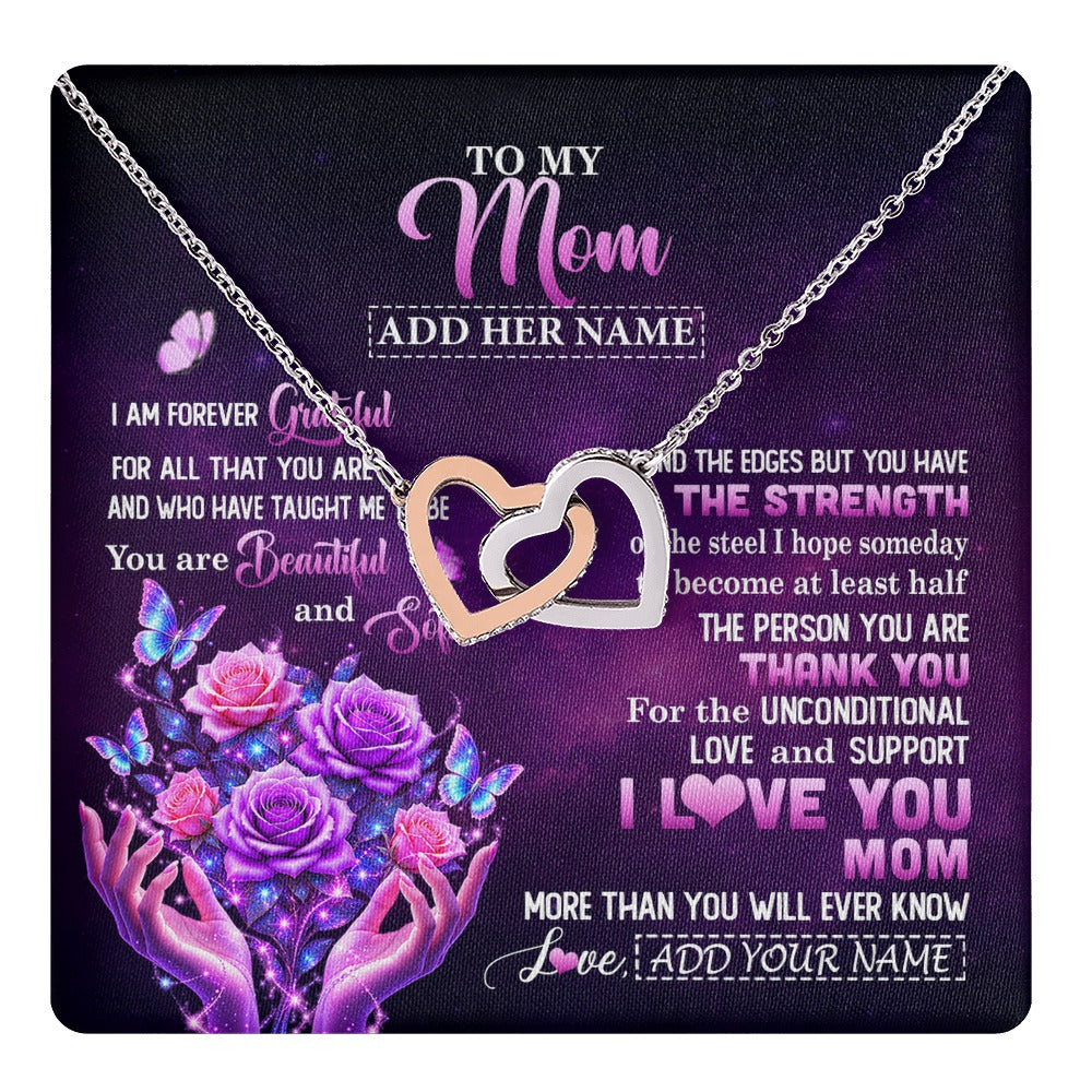 Interlocking Hearts Necklace Stainless Steel & Rose Gold Finish | 1 | Personalized To My Mom Necklace From Daughter Thank You For Love Butterfly Mom Birthday Mothers Day Thanksgiving Christmas Custom Gift Box Message Card | https://teecentury.