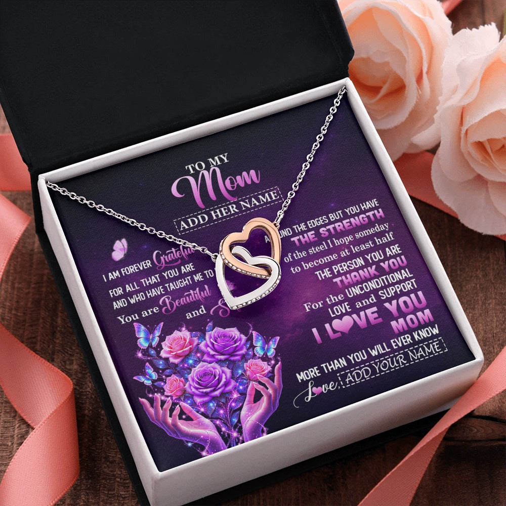 Interlocking Hearts Necklace Stainless Steel & Rose Gold Finish | 2 | Personalized To My Mom Necklace From Daughter Thank You For Love Butterfly Mom Birthday Mothers Day Thanksgiving Christmas Custom Gift Box Message Card | https://teecentury.