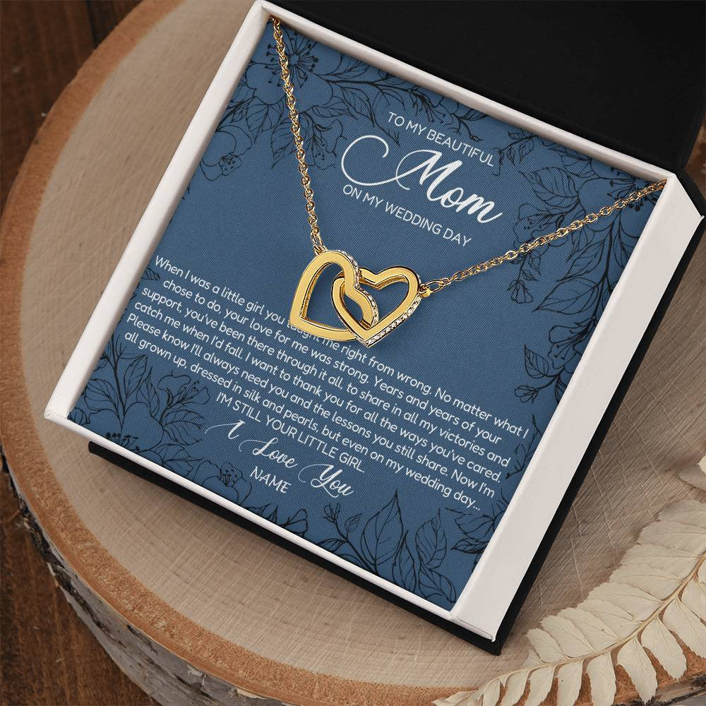 Interlocking Hearts Necklace 18K Yellow Gold Finish | Personalized To My Mom Necklace From Daughter Wedding Day Your Little Girl Mother of the Bride Mom of Bride Pendant Jewelry Customized Gift Box Message Card | teecentury