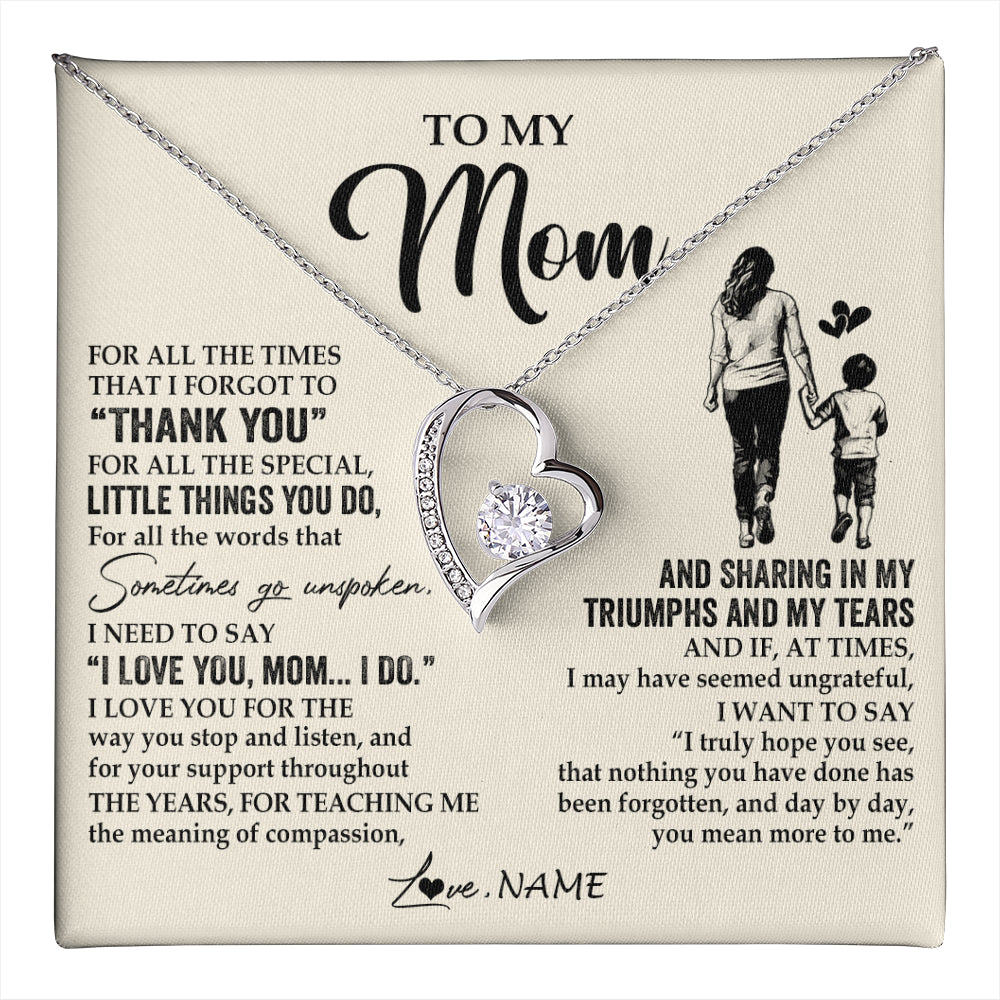 Forever Love Necklace 14K White Gold Finish | 1 | Personalized To My Mom Necklace From Son For All The Times That I Forgot To Thank You Mom Birthday Mothers Day Christmas Customized Gift Box Message Card | teecentury
