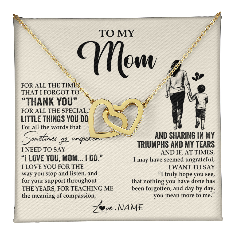 Interlocking Hearts Necklace 18K Yellow Gold Finish | 1 | Personalized To My Mom Necklace From Son For All The Times That I Forgot To Thank You Mom Birthday Mothers Day Christmas Customized Gift Box Message Card | teecentury