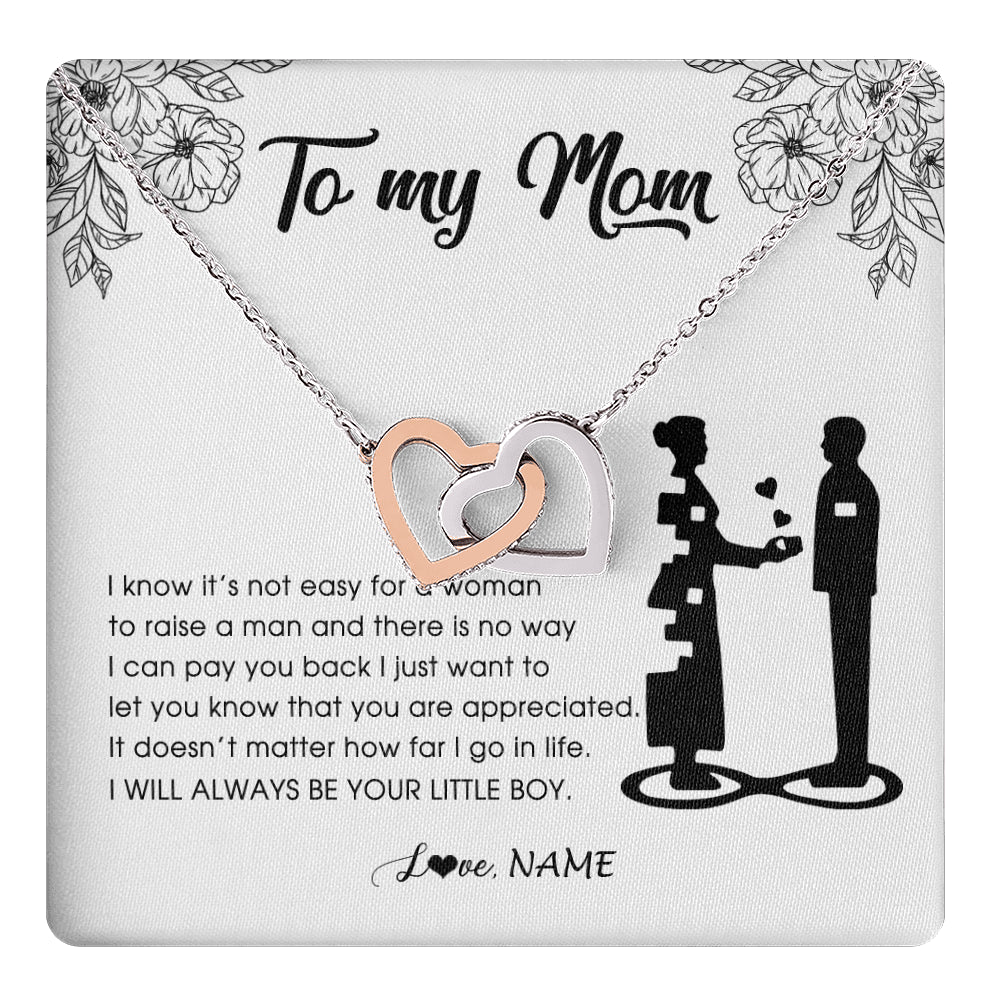 Interlocking Hearts Necklace Stainless Steel & Rose Gold Finish | 1 | Personalized To My Mom Necklace From Son I Know It's Not Easy For A Woman To Raise A Man Mother Birthday Mothers Day Jewelry Customized Gift Box Message Card | teecentury