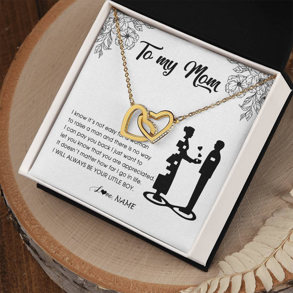 Interlocking Hearts Necklace 18K Yellow Gold Finish | Personalized To My Mom Necklace From Son I Know It's Not Easy For A Woman To Raise A Man Mother Birthday Mothers Day Jewelry Customized Gift Box Message Card | teecentury