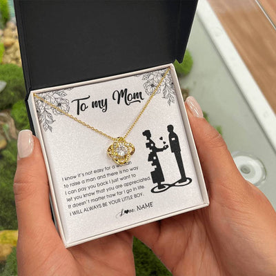 Love Knot Necklace 18K Yellow Gold Finish | Personalized To My Mom Necklace From Son I Know It's Not Easy For A Woman To Raise A Man Mother Birthday Mothers Day Jewelry Customized Gift Box Message Card | teecentury