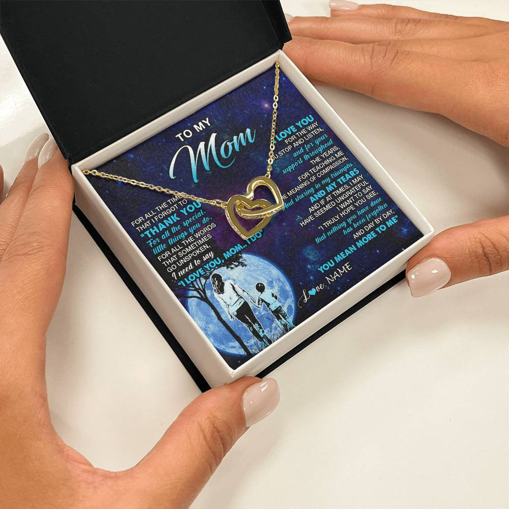 Interlocking Hearts Necklace 18K Yellow Gold Finish | 2 | Personalized To My Mom Necklace From Son Thank You Day By Day Mom Birthday Gifts Mothers Day Christmas Customized Gift Box Message Card | teecentury