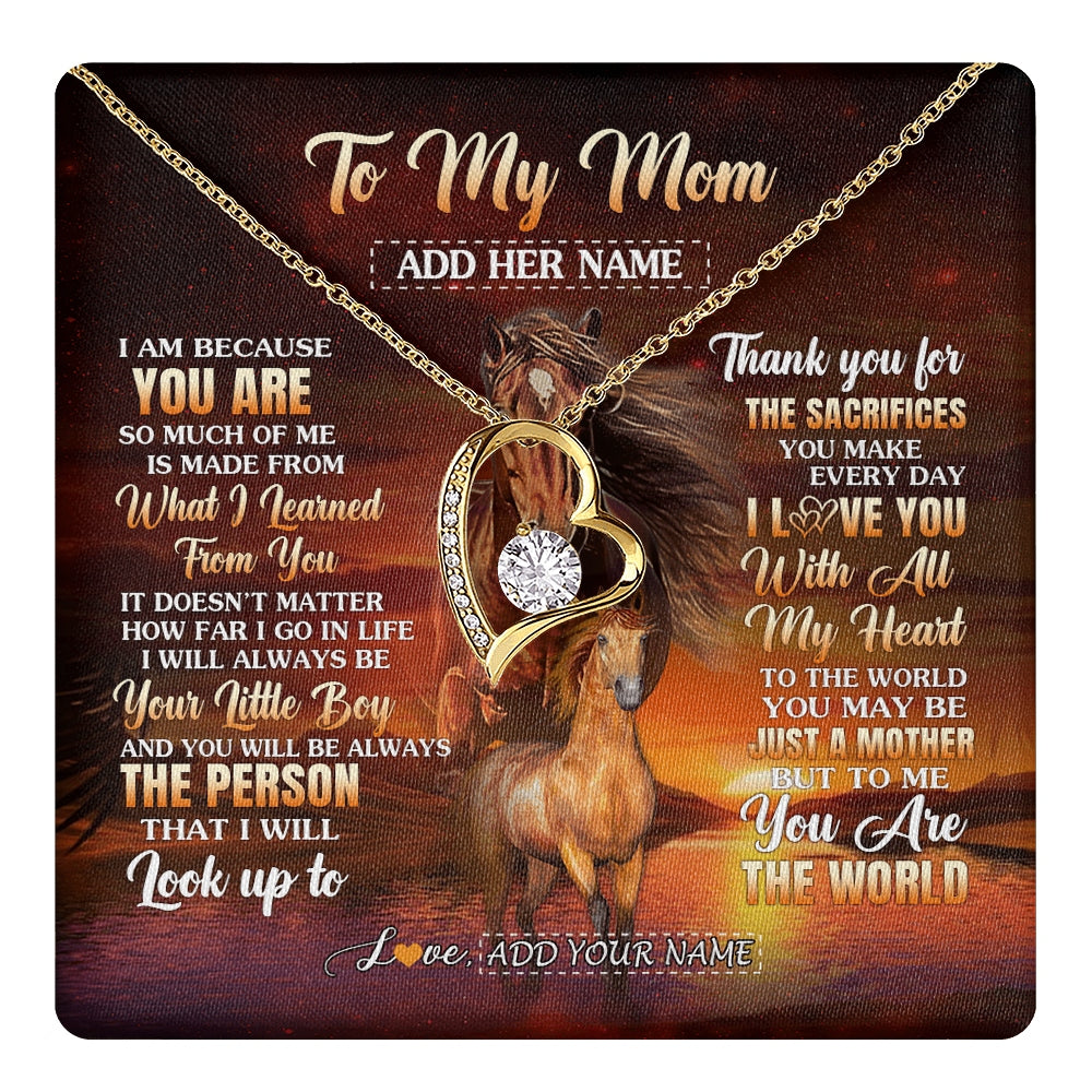 Forever Love Necklace 18K Yellow Gold Finish | 1 | Personalized To My Mom Necklace From Son Thank You For The Sacrifices Horse Mom Birthday Mothers Day Thanksgiving Christmas Custom Gift Box Message Card | https://teecentury.