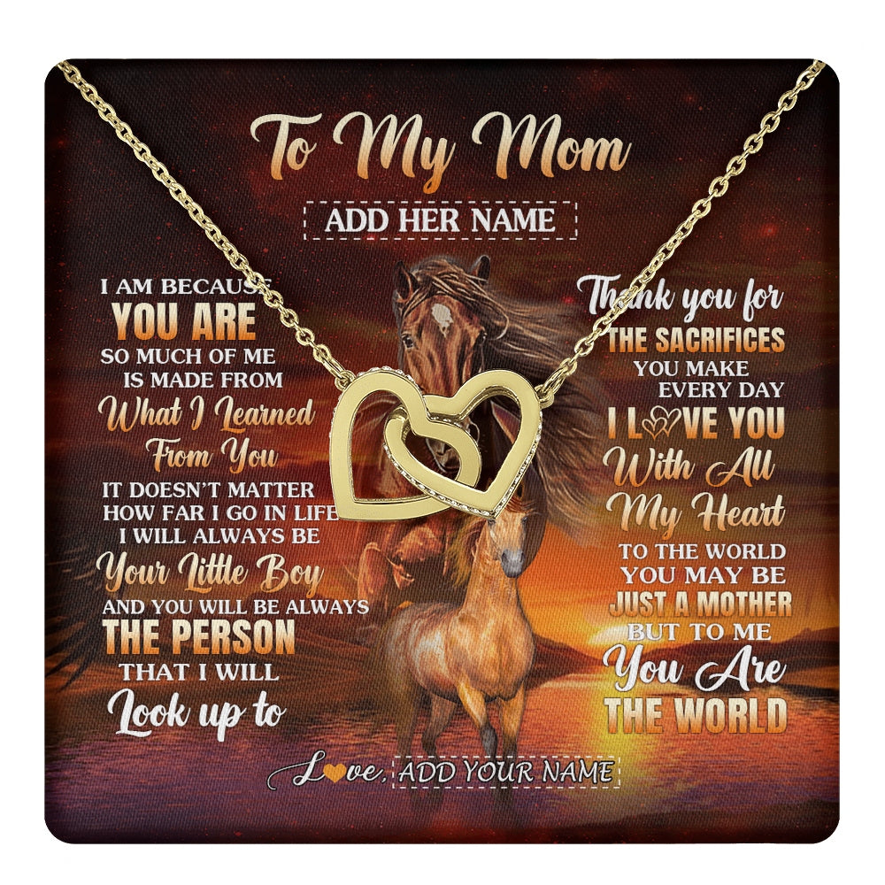 Interlocking Hearts Necklace 18K Yellow Gold Finish | 1 | Personalized To My Mom Necklace From Son Thank You For The Sacrifices Horse Mom Birthday Mothers Day Thanksgiving Christmas Custom Gift Box Message Card | https://teecentury.